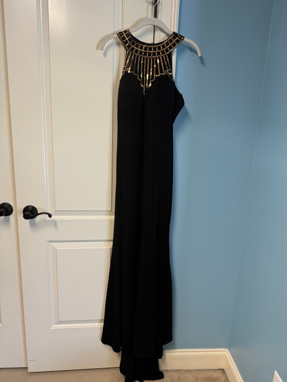 Elegant Black Evening Gown with Gold Beaded Neckline